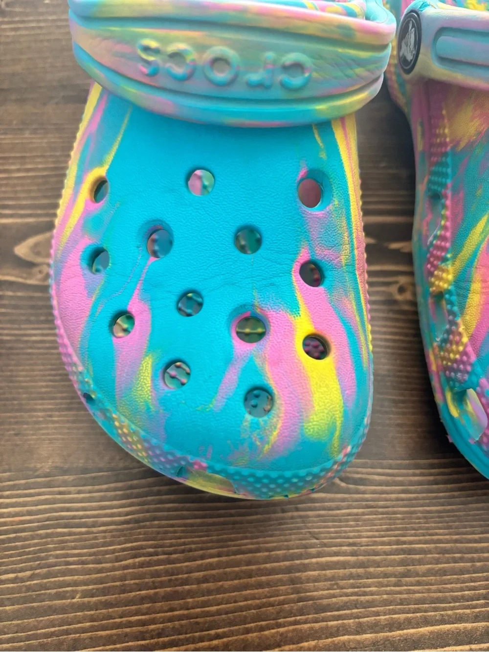 CROCS Kids Teal Water Clogs with Pink and Yellow Swirl